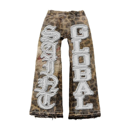 Streetwear Vintage Blue Jeans Y2K Clothes Men Hip Hop Letter Patch Embroidery Vintage Blue Baggy Jeans Mid Rise Wide Leg Trouser