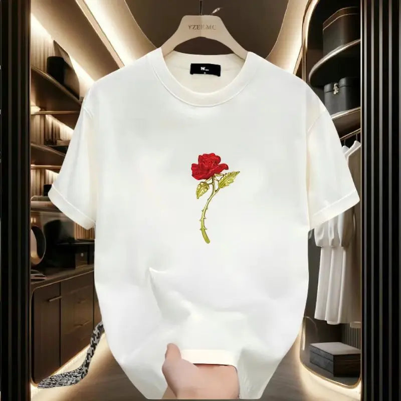 New Pure Cotton Short-sleeved Men's Versatile Printed Rose Base Shirt T Couple's High-end Top