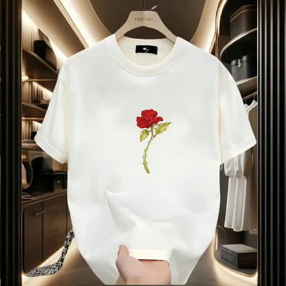 New Pure Cotton Short-sleeved Men's Versatile Printed Rose Base Shirt T Couple's High-end Top