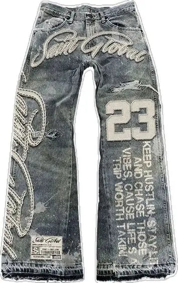 Streetwear Vintage Blue Jeans Y2K Clothes Men Hip Hop Letter Patch Embroidery Vintage Blue Baggy Jeans Mid Rise Wide Leg Trouser