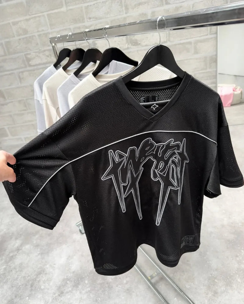American fashion trend Gothic letter embroidery pattern oversized T-shirt men's retro loose fitting pullover short sleeved shirt