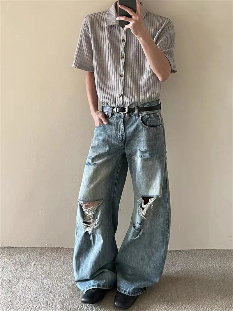 2025 American High Street Men's Ripped Jeans Y2K Vintage Straight Baggy Denim Pantalones Hombre Hip Hop Fashion Distressed Jean