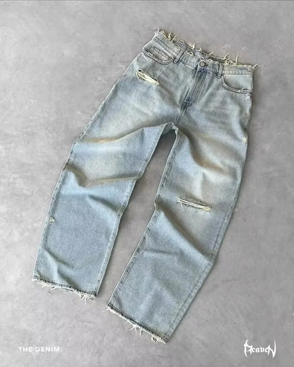 PROTECT Streetwear Jeans Y2K mens Jeans Harajuku Hip Hop Letter Embroidery Vintage Blue Baggy Pants High Waist Wide Leg Trouser