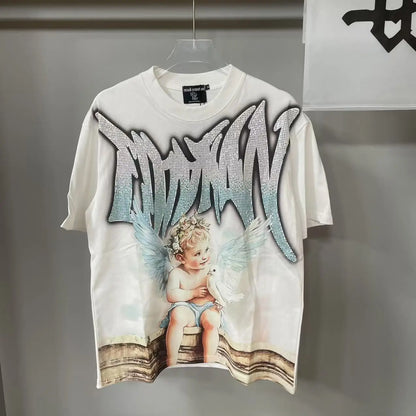 2025 Mixed Emotion Letter Rhinestone Short Sleeve Men Tshirts Streetwear Cotton Loose Crew Neck Top Tees Oversized