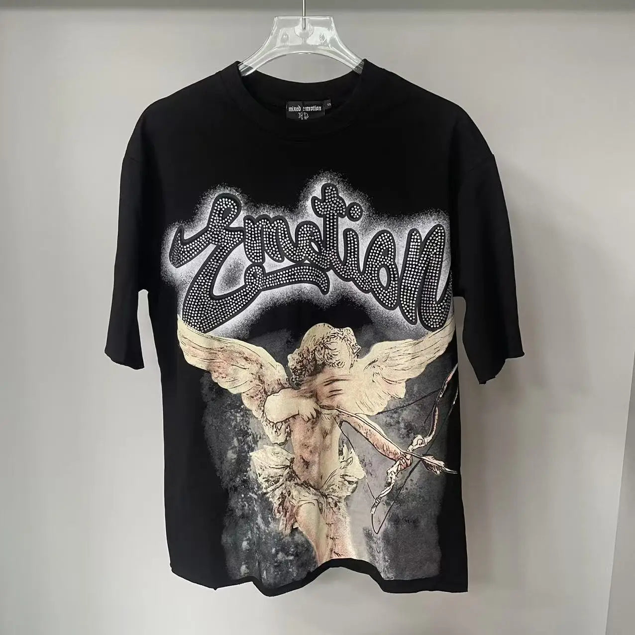 2025 Mixed Emotion Letter Rhinestone Short Sleeve Men Tshirts Streetwear Cotton Loose Crew Neck Top Tees Oversized