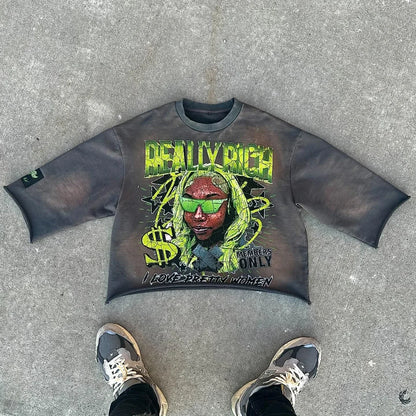 Y2K Harajuku Hip Hop Character Graphic Printed Seven Quarter Sleeves Tops Gothic Retro Dark Green T Shirt Mens Womens Clothing