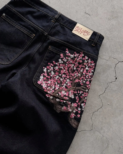 Y2K Baggy jeans Cherry Blossom Selvedge Embroidery Denim Pants men women denim fabric American Hiphop Streetwear Wide Leg Jeans