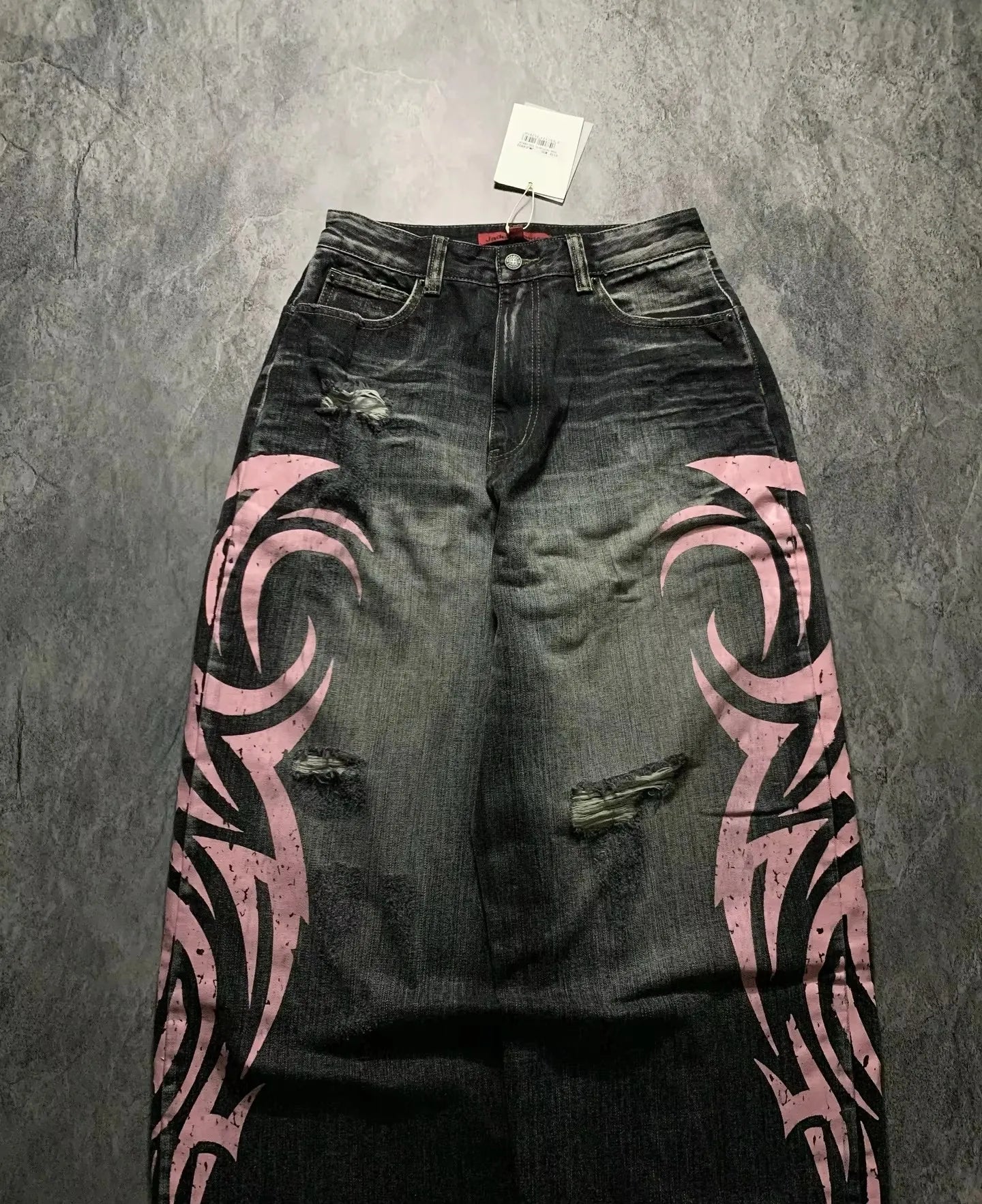 Y2K Street Retro Jeans Women Mottled Totem Print Loose Pants Fashion Hip Hop Trend Loose Couple American Straight Wide Leg Pants