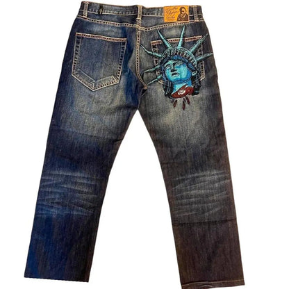 Vintage 2000s Lightning Skull Jeans Man Casual Denim Goth Pants Wide Leg Jeans Harajuku Y2k American High Street Men Clothing