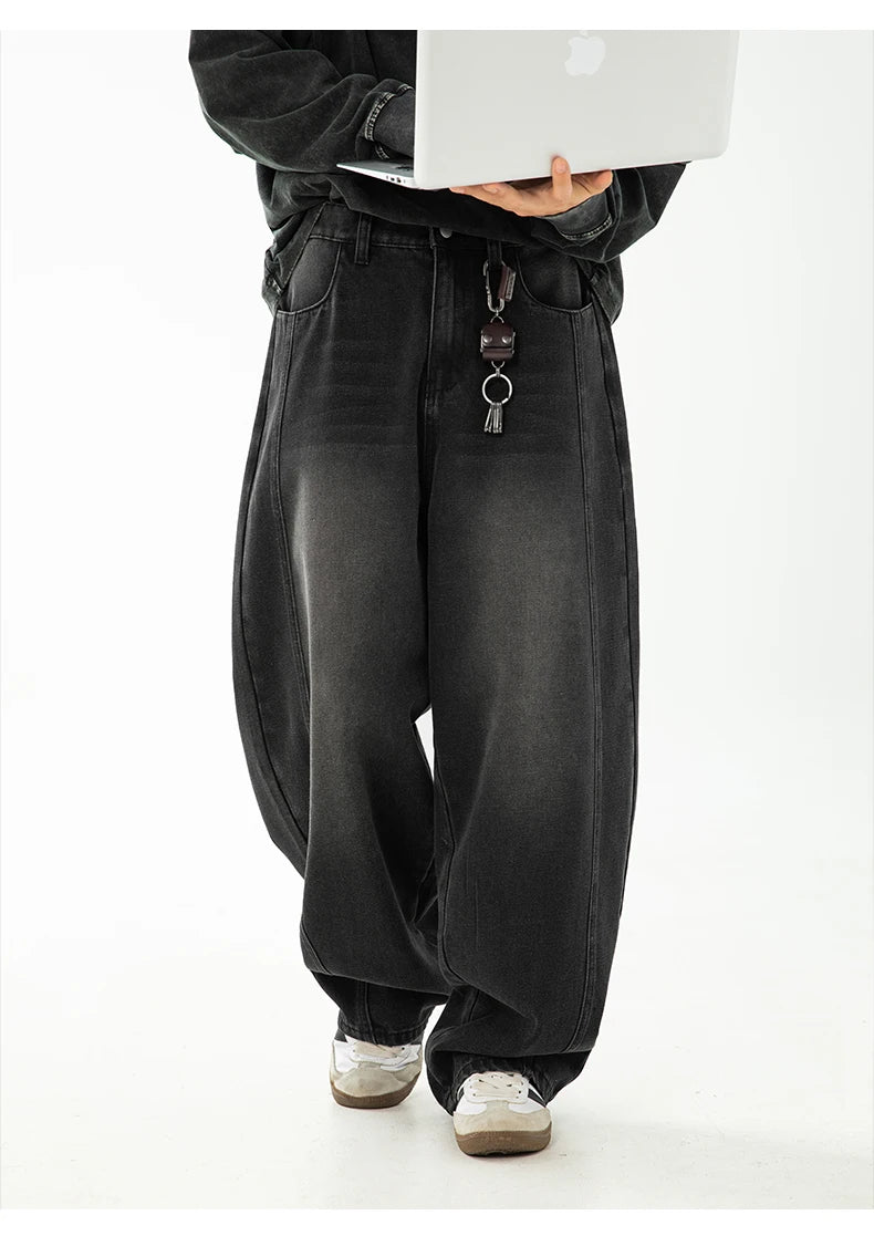 HANLU 2025 Spring New! Men's Retro Washed Oversized Jeans, Split Structure Curved Trousers from Trendy Brand, Loose and Stylish