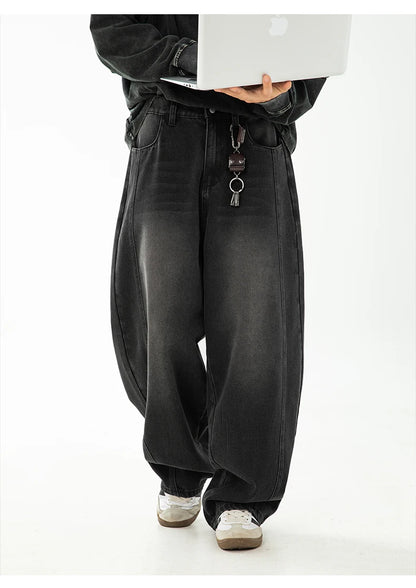 HANLU 2025 Spring New! Men's Retro Washed Oversized Jeans, Split Structure Curved Trousers from Trendy Brand, Loose and Stylish