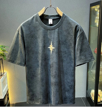 2024Summer new light luxurytt-shirt men's short-sleeved fashionable embroidered high-end loose large size casual high-density ha