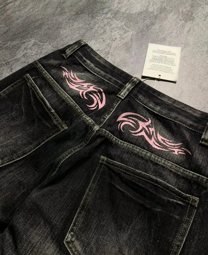 Y2K Street Retro Jeans Women Mottled Totem Print Loose Pants Fashion Hip Hop Trend Loose Couple American Straight Wide Leg Pants