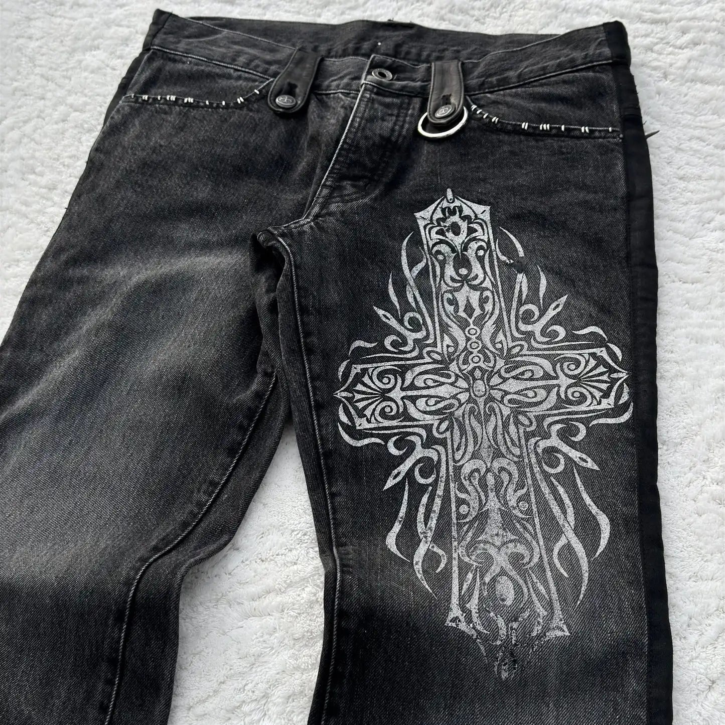 Y2K Black Washed Denim Pants Vintage Cross Leather Detail Micro Flared Jeans Punk High Street Western Cowboy Unisex Streetwear