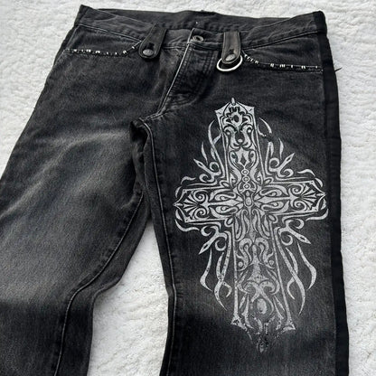 Y2K Black Washed Denim Pants Vintage Cross Leather Detail Micro Flared Jeans Punk High Street Western Cowboy Unisex Streetwear