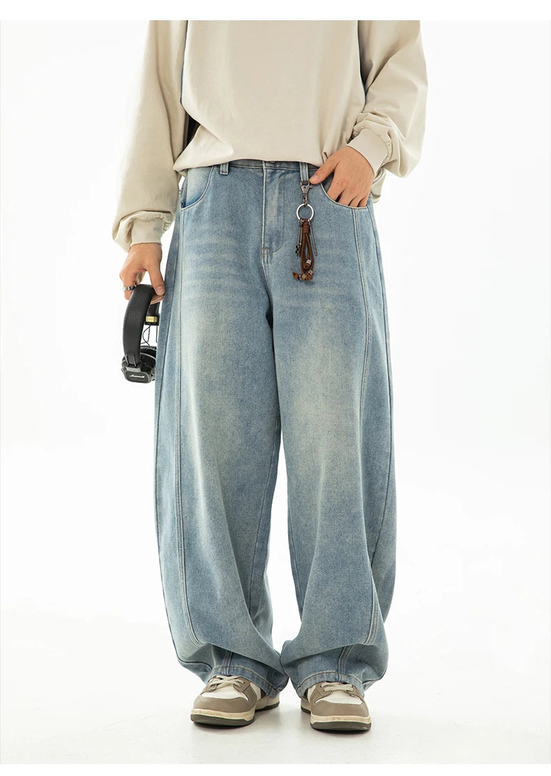 HANLU 2025 Spring New! Men's Retro Washed Oversized Jeans, Split Structure Curved Trousers from Trendy Brand, Loose and Stylish