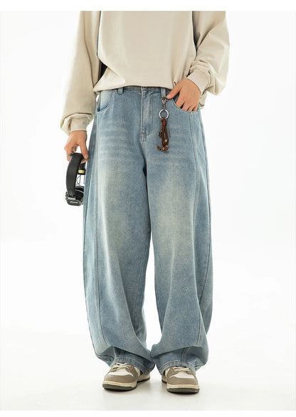 HANLU 2025 Spring New! Men's Retro Washed Oversized Jeans, Split Structure Curved Trousers from Trendy Brand, Loose and Stylish