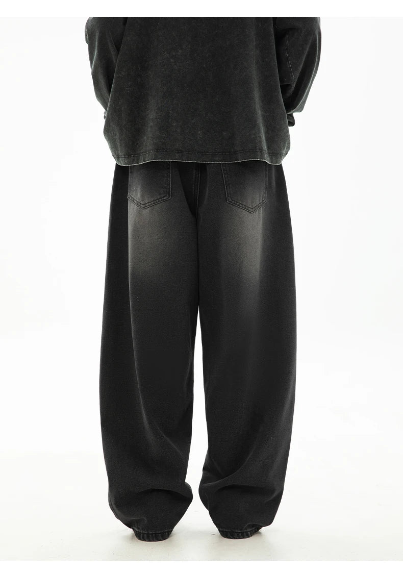 HANLU 2025 Spring New! Men's Retro Washed Oversized Jeans, Split Structure Curved Trousers from Trendy Brand, Loose and Stylish