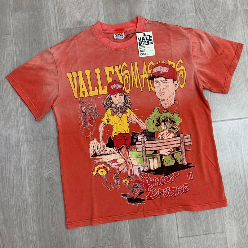 25SS Summer New VALLEY T-shirt Hip Hop Rock Singer Portrait Print Hot Drill Letter Retro Short Sleeve Vale Top Tee Men Women