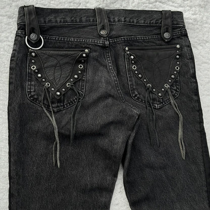 Y2K Black Washed Denim Pants Vintage Cross Leather Detail Micro Flared Jeans Punk High Street Western Cowboy Unisex Streetwear