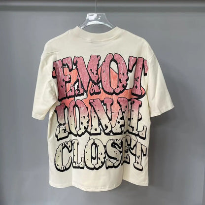 2025 Mixed Emotion Letter Rhinestone Short Sleeve Men Tshirts Streetwear Cotton Loose Crew Neck Top Tees Oversized
