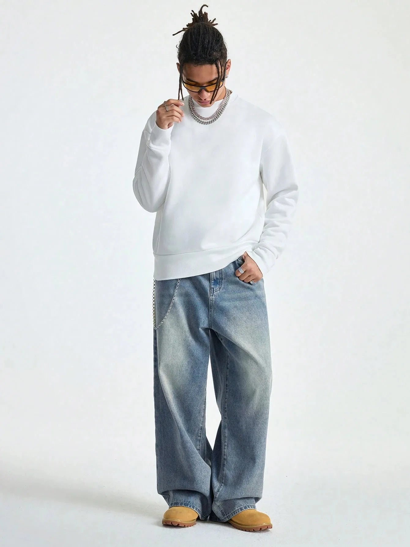 1Pc Men's Wide Pants Brushed Jeans Wide Jeans Y2K New Rocks Jeans Buggy Black Hip-Hop Pants