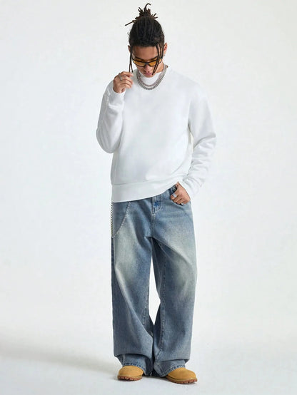 1Pc Men's Wide Pants Brushed Jeans Wide Jeans Y2K New Rocks Jeans Buggy Black Hip-Hop Pants