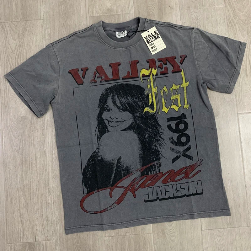 25SS Summer New VALLEY T-shirt Hip Hop Rock Singer Portrait Print Hot Drill Letter Retro Short Sleeve Vale Top Tee Men Women