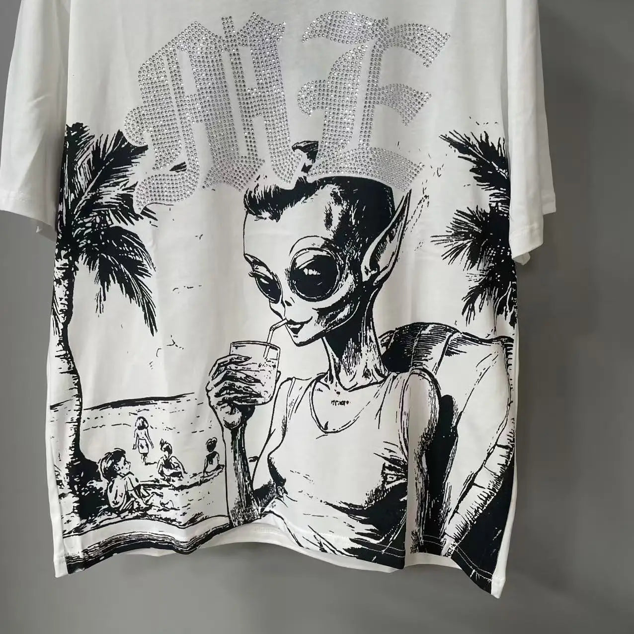 2025 Mixed Emotion Letter Rhinestone Short Sleeve Men Tshirts Streetwear Cotton Loose Crew Neck Top Tees Oversized
