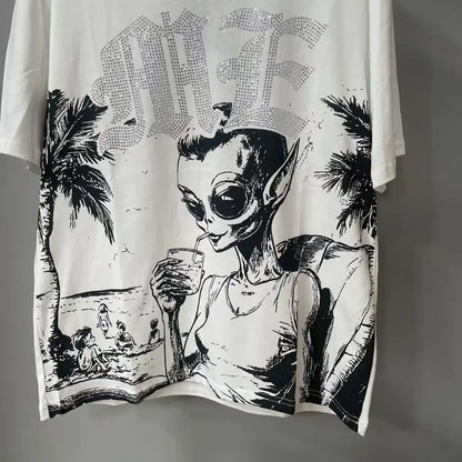 2025 Mixed Emotion Letter Rhinestone Short Sleeve Men Tshirts Streetwear Cotton Loose Crew Neck Top Tees Oversized