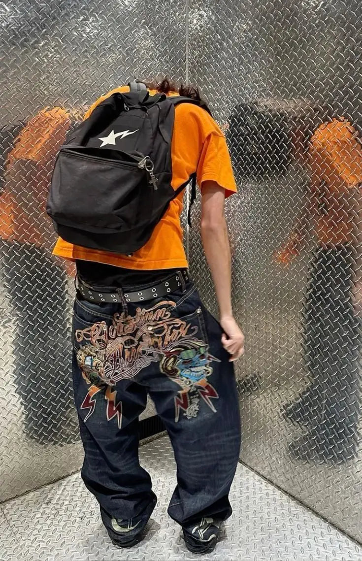 Vintage 2000s Lightning Skull Jeans Man Casual Denim Goth Pants Wide Leg Jeans Harajuku Y2k American High Street Men Clothing